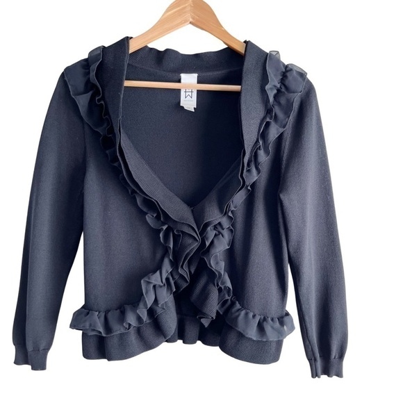 Marc Bouwer Ruffle Shrug‎ Cardigan Open Front w/ Hook Clasp Closure in Black, XS - Picture 1 of 9